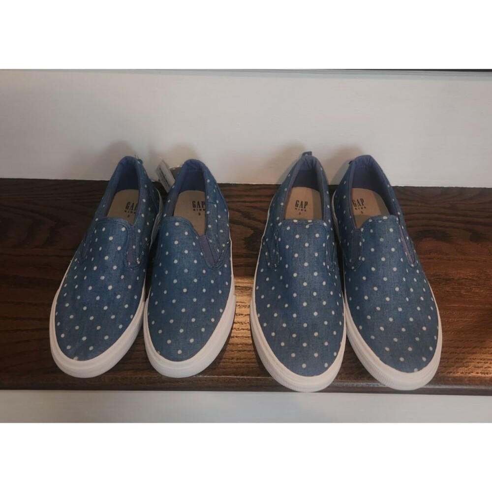 NEW 2 Pairs GAP Kids Girls Slip-on Sneakers Blue Denim Polka Dot Print-5 & 3